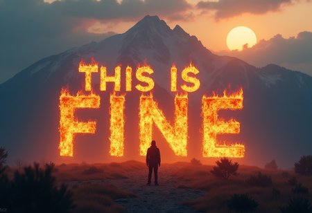 The words "THIS IS FINE" appear in giant, flaming letters in a mountainous landscape.  A tiny human figure is silhouetted in the foreground.  hyper-realistic, photorealistic, 8k, masterpiece, award-winning photography