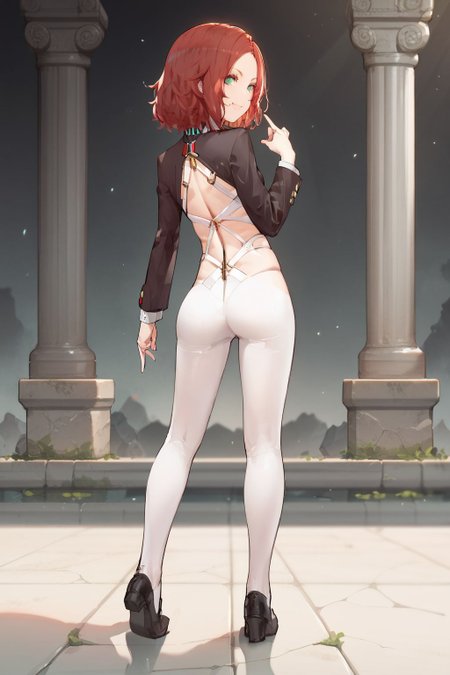 score_9, score_8_up, score_7_up, 1girl, looking back, finger heart, kind smile, red hair, widow's peak, turquoise eyes, flat chest, dark brown blazer, sunbeam, stone walkway, full body, <lora:kincora_PonyXL_style_v02:1>
