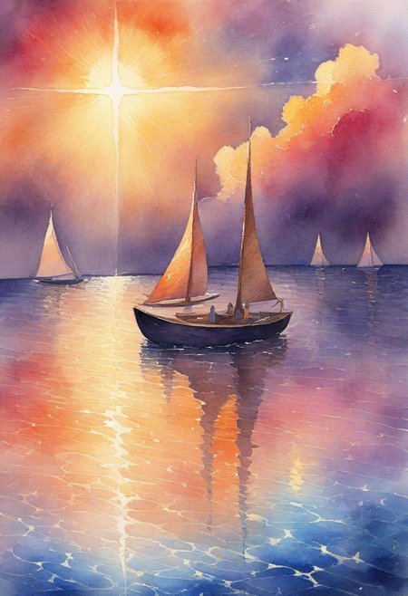 watercolor painting sunset, high tide, golden sand, calm sea, colored clouds, rays of light break through the clouds, in the reflection of light on the water, a sailing, boat is a fish, the sea shimmers with bright colors . vibrant, beautiful, painterly, detailed, textural, Artistic, style-hamunaptra
