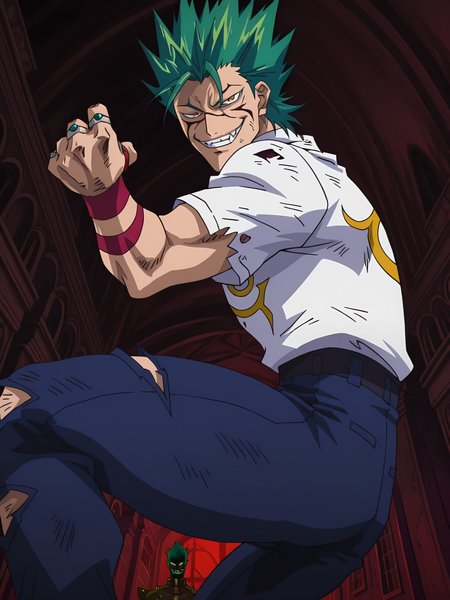 BloodyXL,, screencap, 
1boy, green hair, spiked hair, white shirt, torn clothes, blue pants, rings, cool, evil smile, looking at viewer, cowboy shot, dynamic pose, smile, portrait, solo focus, dutch angle, indoors, mansion, from side, from below, squatting,
<lora:ABloodyXL_Style:1.1>