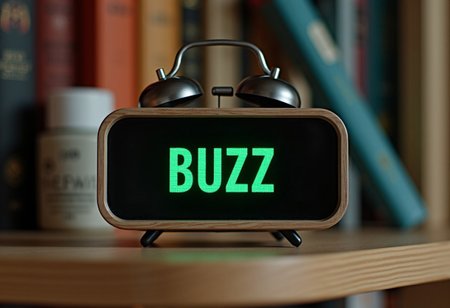 an numerical alarm clock with a bumper on a bookshelf, focus on numerical alarm clock, numerical alarm clock displays "BUZZ" in green in the screen