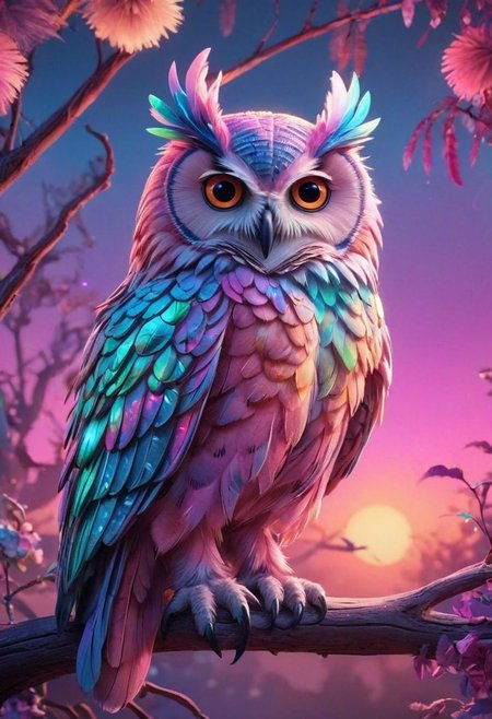 breathtaking  . award-winning, professional, highly detailed, sunset  animal   (Vibrant neon colors)    , animal  (Artistic style)  (Whimsically artistic) perched on ar branch, ethereal owl with feathers of iridescent hues,  pastel tones pinks, mauves, and soft blues, 
Fantasy style, fantasy dreamlike art, vivid color, 3d animation,