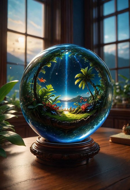 In the night room there is a glass sphere on the table, emitting a soft heavenly glow. Inside, the miniature galaxy is seething with cosmic energy and the galaxy within. Outside, the window of the room offers a tropical panorama. 8k, vray, IMax, hyperrealism, perfect light, bokeh Carl Zeiss 85mm, small depth of field, photorealistic, masterpiece, high resolution, best quality, cinematic shot, ultra-detailed, super realistic, Hyperrealistic art, high-quality, ultra high res, highest detailed, lot of details, Extremely high-resolution details, photographic, realism pushed to extreme, incredibly lifelike,