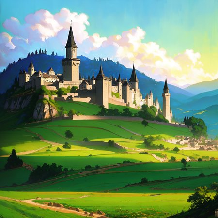 dalcefo, (a medieval castle landscape), green fields, modelshoot style, intricate details, masterpiece, cinematic lighting, dramatic, trending on artstation, highly detailed, ultra resolution, painting art by greg rutkowski and ruan jia, ilya kuvshinov  fantasy ambiance <lora:dalcefopainting_Lora300:0.7>