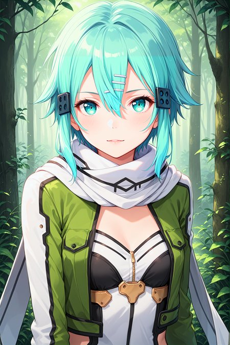 score_9, score_8_up, score_7_up, score_6_up,
<lora:Sinon_Sao:1> 51n0n, 1girl, solo, hair between eyes, hair ornament, hairclip, bangs, aqua eyes, aqua hair, short hair, 
fingerless gloves, black shorts, scarf, short shorts, green jacket, long sleeves, 
medium breasts, seductive smile, parted lips, eyelashes,
forest background,