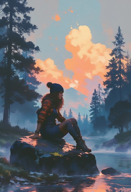 A woman sitting on a rock on the edge of a forest river, wearing overalls and a flannel shirt, voluminous brown hair. She is wearing a floppy beanie. She is intently watching the water. She looks like she is very relaxed and day dreaming. Trees beautifully lit and epic clouds in amazing colors as the sun sets on the horizon. 
in the style of Jed-clrfl, xijie-blue