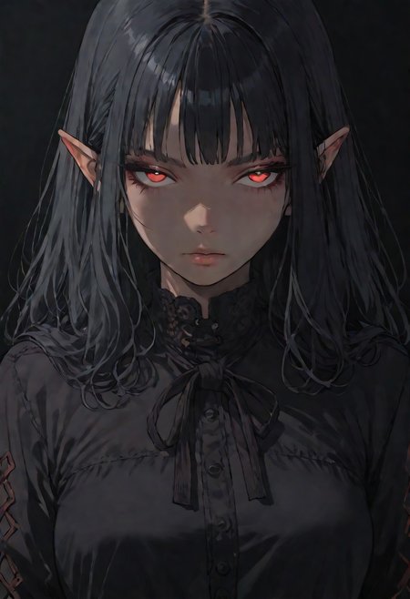 (score_9, score_8_up, score_7_up), source_anime, anime, female, elf, (dark blue skin), black hair, burgundy eye color, black eye sclera, layered clothing, waist-high, black background, woman