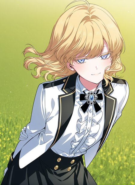 <lora:Heresy_Inquisitor_Female__SSS_Class_Suicide_Hunter__Illustrious:1>
1 girl, solo, blue eyes, short hair, wavy hair, blonde hair, fluffy hair, loose curls, ahoge, parted bangs, soft volume, slightly messy, cute face, anime style, 
white dress shirt, ruffled shirt, white jacket with black trim, black skirt with gold trim, gold buttons, academy uniform, white gloves, black ribbon bow, ornate brooch, 
score_9, score_8_up, score_7_up, very aesthetic, source_anime, detailed, high quality, beautiful, masterpiece, detailed eyes, field, blurry background, pose dynamic angle, upper body, cowboy shot, light smile, floating hair, half-closed eyes, hands behind back, leaning forward, looking forward, looking at viewer