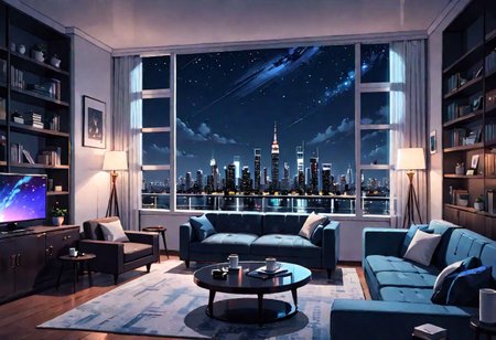 ((front view)), Shallow scene, (((animation style))), (night), modern-style interior, with white walls, (large windows), a  study, Sofa, coffee table, bookcase, single wall, ((dark room)), quiet and mysterious night sky,  city night view, (City high-rise building scenery), (City scenery outside the window), starry sky, moonlight,