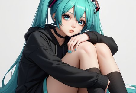 score_9,score_8_up,score_7_up,score_6_up,score_5_up,score_4_up,<lora:Anime_Style_For_Pony:0.5>,source_anime,<lora:mikuv2:1>,hatsune miku,perfect eyes,1girl,aqua hair,black choker,black hoodie,black socks,blue eyes,blue nails,choker,expressionless,grey background,hair ornament,hood,hood down,hoodie,hugging own legs,kneehighs,knees up,long hair,long sleeves,looking at viewer,parted lips,sidelocks,simple background,socks,solo,twintails,very long hair,