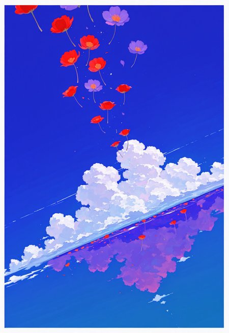masterpiece, best quality, 32k, high resolution, absurdres, HD32k, masterpiece, high detail, extremely detailed, detailed linework, dynamic composition, (realistic), flat color,

flowers, (from below), isolated, (many poppies), red poppies, purple poppies, gradient blue background with thick white border, symmetrical clouds, flat vector illustration, swifting clouds, sky, scenery, white clouds, dynamic angle, dutch angle,
(close up),

0__11Xx_illu, bW9t, fl4t,