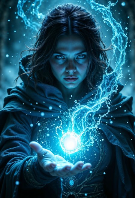 close up, glowing eyes. A powerful water sorceress with an intense and confident expression. She is mid-cast, surrounded by swirling arcs of glowing, translucent water that radiate energy and motion. Her piercing blue eyes shine with determination, complementing her pale, flawless skin. Her dark, wavy hair falls around her face, catching small droplets of water. She wears a dark, intricately designed cloak with a jewel clasp at the neck, its texture and details rendered with stunning realism. The background is a deep, moody blue, with hints of light and mist emphasizing her elemental power. Highly detailed, dynamic, and cinematic in style, with a focus on lighting and textures. <lora:FluxMythR3alisticF:1> R3alisticF