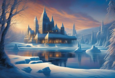 A whimsical winter wonderland, 
with ice sculptures and twinkling lights adorning the frozen lake. evening, 
intricate design, 
cinematic lighting, 
LP cover, 
Giger Marc Simonetti print, 
Mysterious