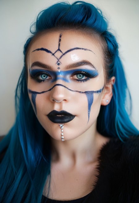 score_9, score_8_up, score_7_up, 
w1k1ngm4k2up, wikingmakeup, wiking makeup, 1girl, solo, long hair, looking at viewer, bangs, blue eyes, closed mouth, blue hair, lips, makeup, facial mark, lipstick, portrait, realistic, nose, facepaint, facial tattoo, blue lips, black lips, nose piercing, lip piercing