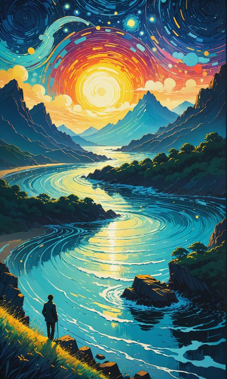 Art by James R. Eads, Swirling and flowing lines define the vivid landscapes and sky, drawing inspiration from Van Gogh's Starry Night. each piece appears as a vision or a dream with psychedelic colors and a sense of movement that suggests a connection to the spiritual or metaphysical world. the style is heavily influenced by the natural world and uses bright and contrasting colors to add depth and emotion. by Satori Canton, acrylic painting, trending on pixiv fanbox, palette knife and brush strokes, style of makoto shinkai jamie wyeth james gilleard edward hopper greg rutkowski studio ghibli genshin impact<lora:xl_more_art-full_v1:0.3>