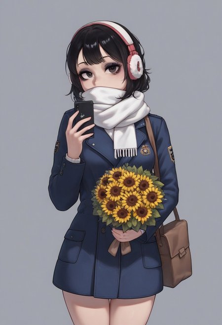 Egirl, score_9, score_8_up, best quality,heavy life like texture and proportion,thick outline illustration,1girl, bag, bag charm, black coat, black eyes, black hair, blue coat, bouquet, brown bag, cellphone, charm \(object\), coat, covered mouth, earmuffs, flower, headphones, holding, holding bouquet, holding phone, looking at viewer, phone, rose, scarf, selfie, smartphone, solo, stuffed toy, sunflower, white scarf, winter clothes, winter coat, yellow flower 
red duotone, makeup, dynamic pose model shooting
hero, contrast