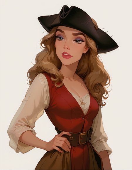 <lora:Disney_Style:.9> <lora:princess_xl_v2:.75> <lora:add-detail-xl:.9> <lora:g0th1cPXL:.3> <lora:Cherry-Gig:.45> <lora:Expressive_H:1> <lora:PLASTT_PonyV6:1> <lora:Elizabeth_Swann_ZairaSass_v1:1> score_9, score_8_up, score_7_up, zPDXL, DisneyRenstyle, score_9,score_8_up,score_7_up,score_6_up, 
(white background, plain background, ambient light), (standing, 3/4 view), 
1girl, solo, sexy 18 year old, british girl, (Elizabeth Swann, Pirate Disguise), perfect face, beautiful face, defined cheekbones, defined jawline, light brown hair, thick hair, thick dark eyebrows, dark brown eyes, dark lashes, thin lips, nude colored lips,  
confident expression, narrow eyes, one hand on hip, perfect hands, 5 fingers, slender waist, tall, slender, sexy, 
black tricorne hat, white sleeves, white tunic, red vest, red waistcoat, brown trousers, shoulder strap belt,