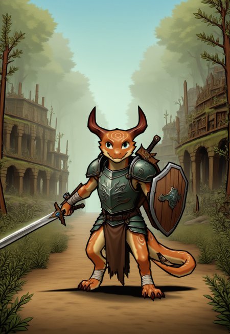 okamistyle, safe_pos, score_9, score_8_up, score_7_up, rating_safe, a (cute:1.2) male kobold warrior in a fantasy environment, (rusty iron breastplate, armor, wristwraps:1.4), ruins background, (dusty orange) skin, (small body, short:2.0), (wielding sword and shield:1.3), (shortsword:1.1), wooden shield,damaged armor, loincloth, (skinny:1.1), tail, horns, claws, snout, clawed hands and feet, heroic pose, scenery