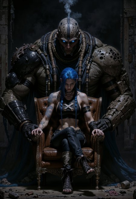 JinxA, Highly detailed and dramatic digital artwork featuring a dramatic and moody atmosphere. The layout centers on two characters in a dimly lit room. In the foreground, a woman with pale skin and long braided blue hair sits on a worn leather armchair. She wears a crop top, and ripped jeans, exuding a rebellious and confident demeanor. Her expression is serious, and she has a tattoo on her arm. Behind her stands a large, imposing cyborg with a metallic face and glowing blue eyes. The cyborg's body is heavily armored with various mechanical components and tubes, and it emits smoke from its head. The background is filled with a mix of industrial elements and scattered laboratory equipment, enhancing the futuristic and gritty setting. The overall composition conveys a sense of tension and intrigue, characteristic of the cyberpunk genre.
<lora:FluxMythP0rtr4itStyle:0.6> <lora:flux.1_lora_flyway_Epic-Characters_v1:0.6> <lora:Elden_Ring_-_Yoshitaka_Amano:0.33> <lora:FluxJinxV2:0.9>