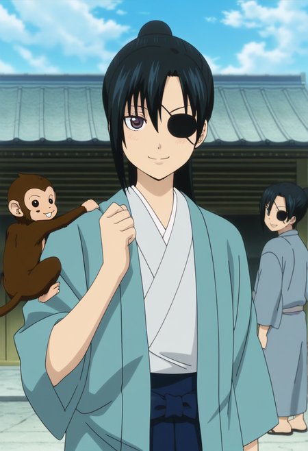 masterpiece, best quality, absurdres, detailed skin, detailed eyes, detailed face, anime colored, anime screencap, anime colored,
<lora:yagyu_kyuubei:1>, 1 girl, kyubei, smile, japanese clothes, 
cowboy shot, 1 monkey,
outdoors,