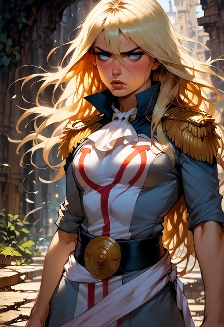score_9, score_8_up, score_7_up,  
BREAK 1girl, solo, <lora:THALIA:1>, pretty, long hair, blonde hair, lips, blue eyes, hair between eyes, pronounced jowls, serious expression, pinned,
uniform, epaulettes, belt, military uniform, ascot, bare legs, bare feet, bare hands,
BREAK realistic, detailed, best quality, highest resolution, uncensored,