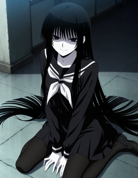 hagoromogitsune,solo,monochorome girl,black eyes,shaded facee,empty eyes,black hair,pale skin, white skin,very long hair,1girl,looking at viewer,smile,school uniform,black serafuku,black pantyhose,black lofers,black shoes,
,masterpiece,best quality,amazing quality, <lora:hagoromogitsune-ILXL:0.8>  , anime screencap,