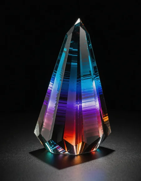 A photo-realistic shoot from a close-up camera angle about a glowing, multicolored crystal placed on a dark surface. the focal point of the image is a large, obelisk-shaped crystal with a smooth, polished surface and a pointed tip. the crystal is positioned in the center of the frame, with the dark, smoky background providing a dramatic contrast to the vibrant colors of the crystal. the colors blend seamlessly into one another, creating a gradient effect with shades of blue, purple, and red. the light from the crystal illuminates the crystal, casting a soft glow on its surface, making it stand out against the dark background. the overall effect is one of serenity and tranquility, with a focus on the crystal and its surroundings.  no_humans, glowing, gem, crystal, rock, dark, dark_background