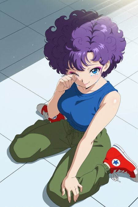 anime screencap, masterpiece, best quality, amazing quality, very aesthetic, absurdres,  newest, (scenery, volumetric lighting), official style, light particles, light rays, dappled moonlight,
ranfan, official style, 1girl, solo, breasts, looking at viewer, smile, short hair, curly hair, purple hair, blue eyes, makeup, crying, sleeveless, blue tank top, sweatpants, green bottomwear, sneakers, multi tone footwear, print footwear, red footwear, rubbing eyes, one eye closed, looking to the side, wariza, full body, sitting, fingernails, day, cloud, from above, tile floor, 
 <lora:Ranfan_IL:0.8>