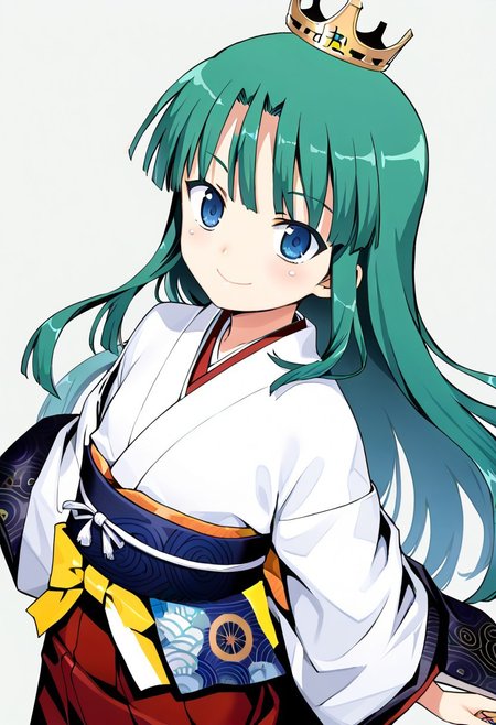 <lora:Tsugumomo-PonyXL-1024px-v1.0:0.8>
1girl, solo, flat chest, short petite, small body, blue eyes, crown, green hair, headband, japanese clothes, kimono, long hair, looking at viewer, sash, skirt, smile, standing, tabi, transparent background, (upper body).