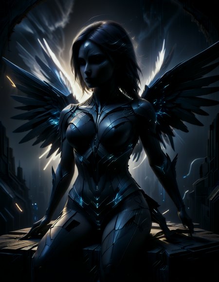 Capture from above a huge, enormous majestic dystopian style statue silhouette, resembling an angel with glowing tattoo on her chest and glowing light lines on feathered wings, kneeling over cityscape, brutalism style. Use HDR and ray tracing to enhance visual impact and create an ultimate masterpiece
