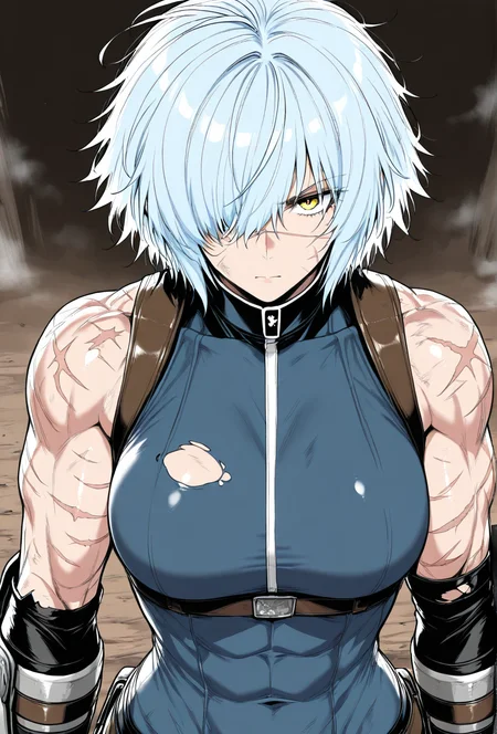(masterpiece, best quality, ultra-detailed:1.4),
solo,1girl, (light blue hair:1.3), short messy hair, bangs,
(yellow eyes:1.5), (battle-worn expression:1.3), (scar over one eye:1.5), (intimidating aura:1.3),
(hair covering one eye:1.5), (bangs covering left eye:1.4), (left eye obscured by hair:1.4), (hair over eye:1.3),
(battle-hardened:1.4), (war veteran:1.3), (many scars:1.3), (visible wounds:1.2), (weathered face:1.2), (dirt and grime:1.2),
(toned arms:0.6), (muscle tension visible:0.3), (slim but athletic build:1.1), (strong female warrior:1.1), mercenary warrior
(dynamic lighting:1.3), (gritty, rough textures:1.2)
looking at viewer, (hair slightly messy:1.2), (torn and worn-out fighter outfit:1.2),
 <lora:VioletV2:1>