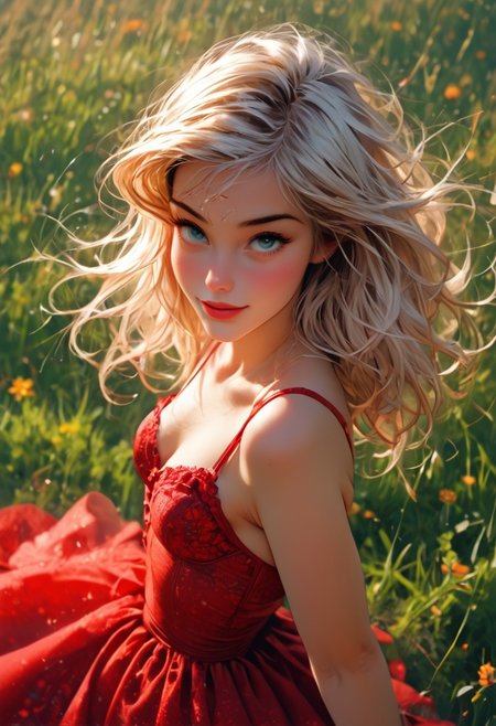 masterpiece,best quality, highly detailed, score_9, score_8_up, score_7_up, score_6_up,  BREAK, popular girl, pony tail, big boobs,  red dress, red bra, red skirt, skirt flying, in the field, in lingerie, seductive, teasing viewer, from above, NegfeetV2, lineless,