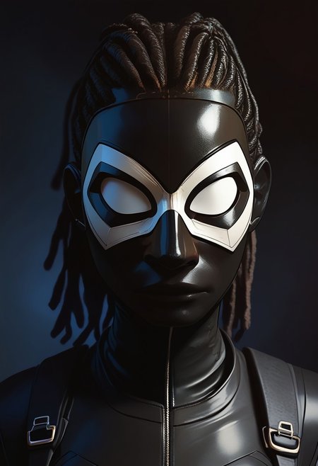 score_9, score_8_up, score_7_up, score_6_up, score_5_up, 1girl, African, Africanmask,
modern  mask, 
BlackPanther, Shuri, Marvel, white eyes, no pupils, black bodysuit, bodysuit, black gloves, black boots, mask, black mask, covered face, no mouth, large breasts, perky breasts, 
BP_shuri, upper body, face focus, close up, dreadlocks, bun,