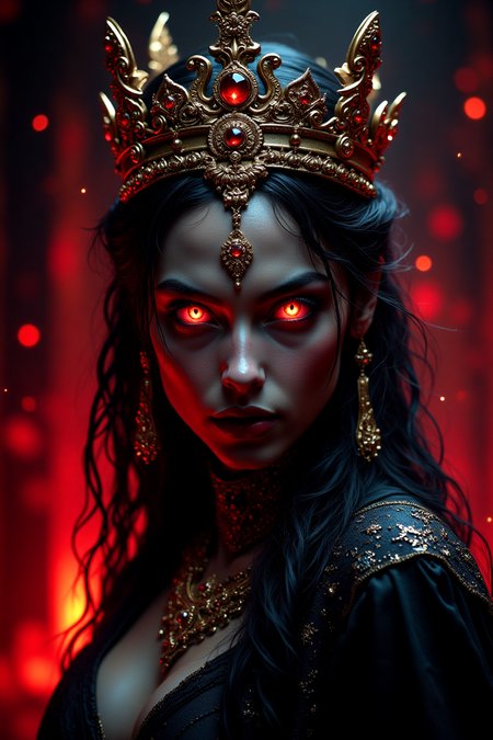 Create a stunning portrait of a queen inspired by the character Akasha from Queen of the Damned. She is a mysterious, ancient vampire with regal and commanding elegance. Her skin is radiant and dark, glowing subtly with an otherworldly, supernatural light. She wears elaborate, exotic jewelry with gold and precious stones, contrasting with her dark, ethereal attire that flows like shadow and mist around her. Her eyes are intense and piercing, exuding wisdom and menace, set beneath a crown with intricate, ancient designs. The background is dark and dramatic, lit by a crimson glow, creating a haunting yet majestic atmosphere.