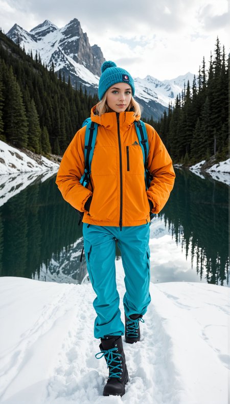 dynamic contrapposto pose, sexy clothes, tempting Infernia Neph with hourglass body and cleavage, hdr chiaroscuro, (Layered Depth, Soft focus foreground:1.1),(moody atmospheric cinematic establishing shot of gorgeous seductive woman, highly detailed background:1.15), volumetric lighting, subsurface scattering, dynamic pose, (special effects, color grading, fractal fantasy aura), (style of Ansel Adams), [pristine wilderness:Banff National Park majesty:0.9] landscape, capturing the awe-inspiring beauty of Banff National Park, Canada, through a visitor's journey. Amidst this picturesque setting, a figure emerges, a woman who personifies the adventurous spirit of those drawn to the wild. Her attire is a ((sophisticated blend of outdoor elegance and practicality)), featuring a warm, fitted parka that reflects the icy hues of the park's turquoise lakes, paired with rugged, waterproof hiking boots ready to tread the varied terrains. Her outfit is thoughtfully accessorized with thermal gloves and a woolen beanie, ensuring warmth against the crisp mountain air, while a lightweight backpack carries essentials for her day's exploration. She stands before a breathtaking vista: the vivid turquoise waters of a glacial lake, so vibrant they seem otherworldly, contrasted against the stark, majestic backdrop of snow-capped mountains. The dense, verdant pine forests envelop the scene, adding a sense of depth and serenity. The composition captures a moment of reflection, as she gazes across the landscape, her presence small yet significant amidst the vastness of nature. The photograph encapsulates the tranquility and grandeur of Banff, with the subject serving as a bridge between the viewer and the sublime beauty of the Canadian Rockies, inviting a sense of wonder and exploration.