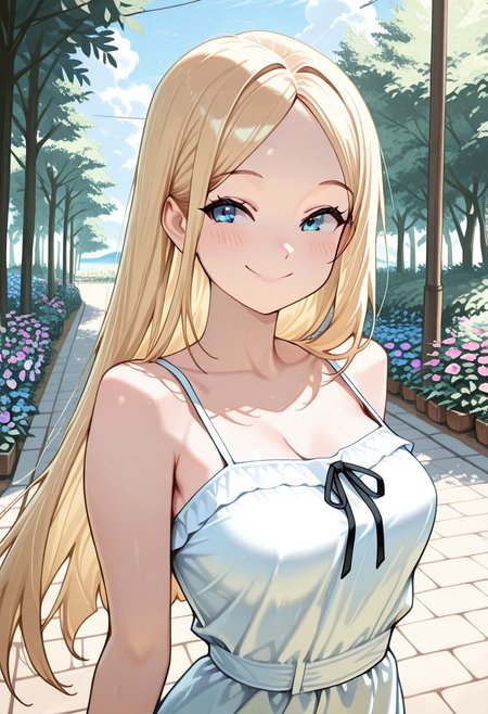 masterpiece, best quality, 32k, high resolution, RebeccaXKeithStyle, 1girl, blonde hair, long straight hair, parted bangs, blue eyes, medium breasts, sundress, outdoors, smiling, closed mouth, cute