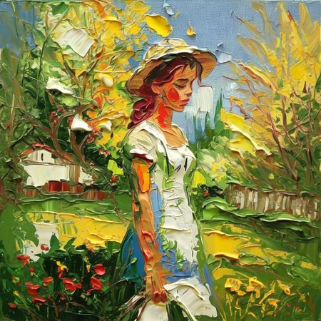 impasto girl  in garden<lora:impasto:1>