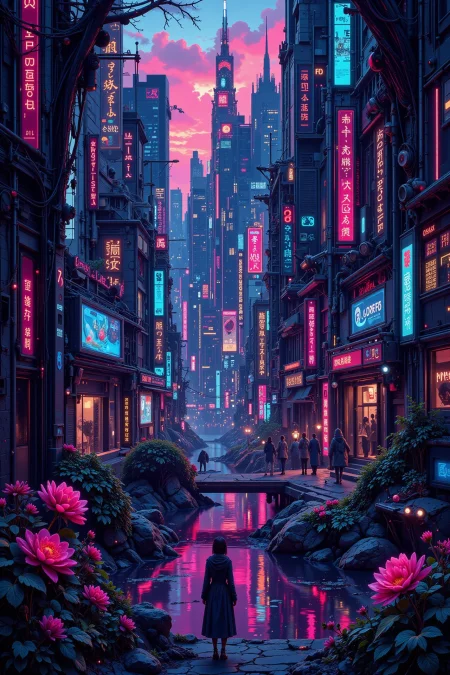 The City of Mirrors beautiful  landscape, early morning, woman, very intricate, very detailed, sharp, bright, colorful, <lora:Hand v2:0.5> <lora:Anti-Blur:1><lora:Insane Detail Slider:0.25>  <lora:flux.1_lora_flyway_Epic-detail_v2:0.3> <lora:fluxenhancer:0.25> <lora:Neurocore Anime Cyberpunk v2.0:1> A digital artwork in the style of cknc <lora:abyss-neon:0.6> bo-neon