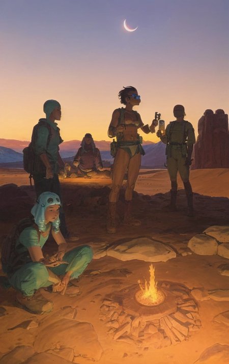 artwork <lora:Moebius:1>, outdoor at dusk, a group people do a chop, desert, celestial event,hiker,snorkel