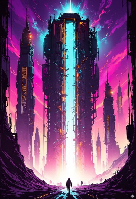 inksplash image of towering, enigmatic structures rising from a barren, arid landscape.  Each tower is adorned with intricate, glowing lines of orange and blue lights, hinting at the advanced technology within. In the distance, other towering monoliths are visible, creating a sense of endlessness. The lighting, casting long, dramatic shadows. The camera is set at ground level, looking up at the overwhelming scale of the station, emphasizing its imposing and mysterious nature, silhouetted against a vibrant, surreal colour gradient sky.