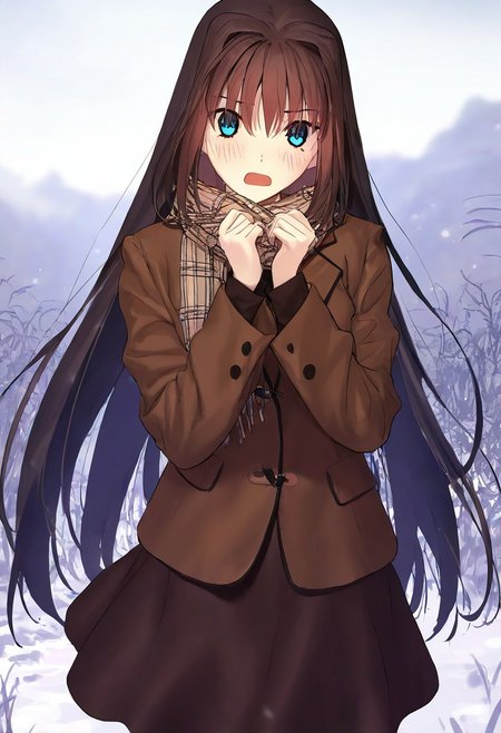 (masterpiece, best quality, newest, absurdres, highres, safe), newest, 1girl, aozaki aoko, mahou tsukai no yoru, koyama hirokazu, brown hair, very long hair, (blue eyes), scarf, cowboy shot, open mouth, looking at viewer, blush, embarrased, outdoors,
