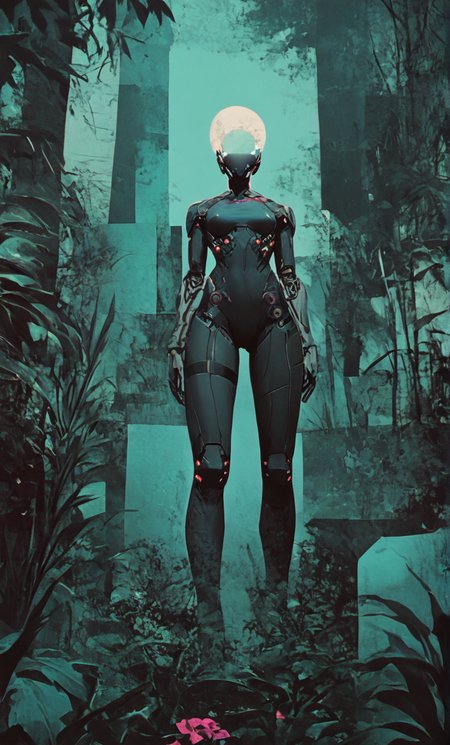 score_9, score_8_up, score_7_up, extremally detailed and hyper-realistic cyberpunk ilustration of close up of beautiful bluebot cyborg girl, hiding in jungle during brutal total war with her heavy gun in hands. orange and black robotic body suit. sci fi theme, best quality, soft light, sharp shadows, anime ink lines, full body shot, ((from below)), 
<lora:comicbookpage style:0.9>  <lora:g4n1m3XLP:0.4>  <lora:Cyberpunk _Anime_V2_light_version-SDXL:1>   <lora:Sinozick_Style_XL_Pony:0.6>  <lora:100_nvcmsdx_a:2.5>