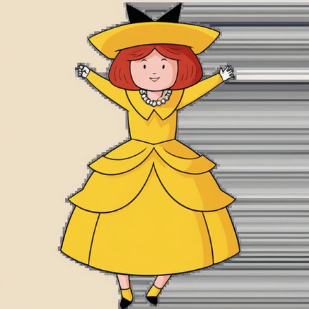 1girl, solo, Madeline, yellow hat with a black hair bow, white gloves, red hair, smile, full body, princess make up, Very long large floor length wide straight yellow tulle long sleeved ball gown hoop skirt, ball gown hoop skirt, yellow princess dress, hoopdress, white pearl necklace, long elbow length princess gloves, my big princess gypsy wedding dress, ballgown, a girl in a dress posing like a princess for a picture, looking at viewer, pretty eyes, she is posing, hands on hips, closed mouth, closed eyes,