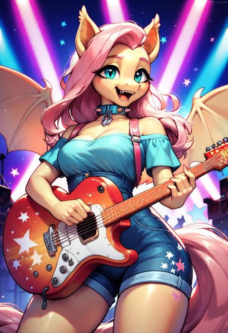 core_9, score_8_up, score_7_up, score_5_up, source_anime, (masterpiece, best quality, ultra-detailed), anthro pony, Fluttershy, rockstar performance, perfect hands, holding an electric guitar, singing passionately, dynamic pose, pastel-pink hair glowing in stage lights, expressive blue eyes, spiked collar, bat-like wings, vibrant concert stage, dramatic spotlight, neon lighting, energetic atmosphere, motion and energy.