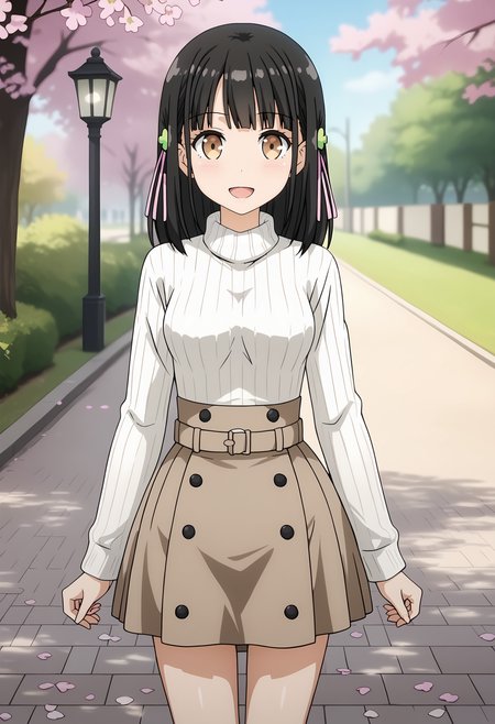 anime screencap,
<lora:OneRoom_HanasakaYuiXL:0.9>, HanasakaYui,
1girl, solo, open mouth, light smile,
medium hair, black hair, blunt bangs, brown eyes, clover hair ornament, hair ribbon,
YuiCasual, ribbed sweater, turtleneck sweater, white sweater, long sleeves, brown belt, high-waist skirt, brown skirt, buttons,
thigh gap, cowboy shot, standing, looking at viewer,
cherry blossoms, park, street lamp, blurry background, petals, outdoors
