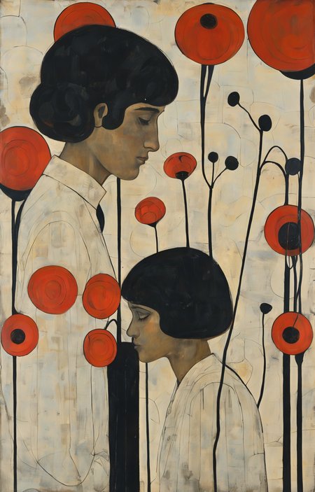 masterpiece,best quality,<lora:tbh269-sdxl:0.9>,illustration,style of Koloman Moser, portrait of family