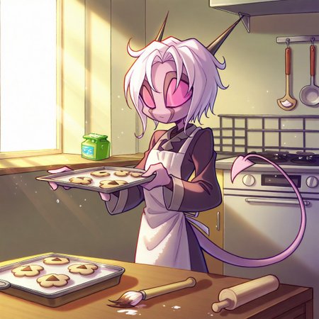 score_9, score_8_up, score_7_up,namah_calah,
1girl,solo,furry,tail, source_furry,horns,
 ,<lora:namah_calah_illustrious:0.8>,
child, kid, 
clay, rolling_pin, cookie_cutter, paintbrush, acrylic_paint, table, apron, oven_tray, ribbon, beads, sunlight, towel
Scene: A sunny kitchen table where someone rolls out soft clay with a tiny rolling pin, pressing a flower-shaped cookie cutter into it to form a pin. A paintbrush adds pastel colors, an oven tray waits to bake the piece, and a towel wipes sticky fingers. Beads and a ribbon lie ready to thread through, sunlight glints off the wet clay, and the little creation looks ready to bloom into a cute accessory