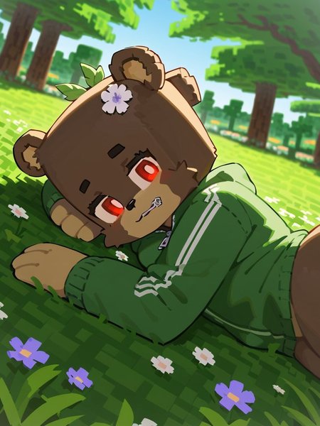 minecraft, score_9_up, score_8_up, furry female, bia, flower in hair, zipper mouth, teddy bear, solo, red eyes, forest green jersey, lying, from side, blue and red background gradient, <lora:y-Bia_SlipperyT:0.8>, ((art by Bittenhard))