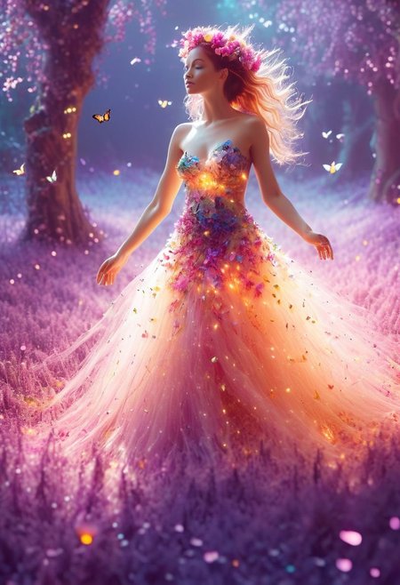 (8k analog photo,magical landscape:1.2),
An enchanting faerie in a blooming meadow, surrounded by butterflies and colorful flowers. Her dress is made of petals and her hair glows with magical lights, creating a whimsical and vibrant scene.
<lora:Bio-Luminescence:1> bioluminescent