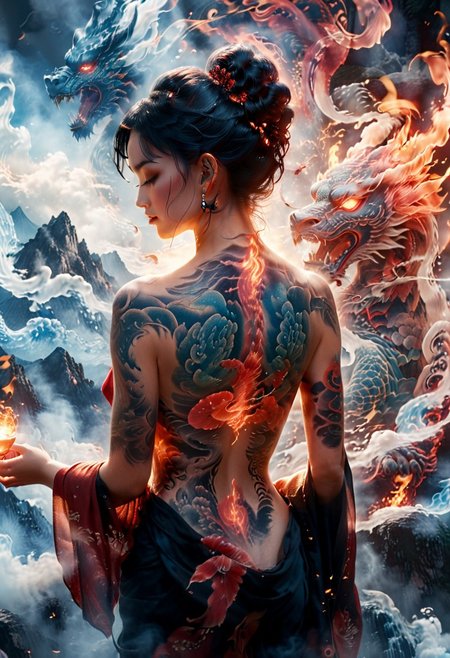 NSFW, Translucent, 8k, (film grain, dof, color graded cinematic, ultra detailed:1.4), hyperdetailed behemoth gigantic mountain tall dragon king (composed of blue fire elements) roaring in front of female, irezumi, standing on top of mountains, female, outstretched arms, (looking forward:1.3), (full-body tattoo:1.9), black hair updo, hair ornaments, <lora:tatoo:1>, (translucent black/red tatoo:1.2), kimono, black yukata, red sash, obi, pulled yukata, night, lunar eclipse, fire element, cinematic light, very aesthetic, back angle view,  absurdres, Masterpiece, incredibly absurdres, subsurface scattering, detailed skin, detailed tatoo, glowing, very detailed, intrinsic details, OverallDetailXL,